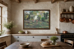 Framed print of Landscape with Four Figures hanging on a wall in a furnished room
