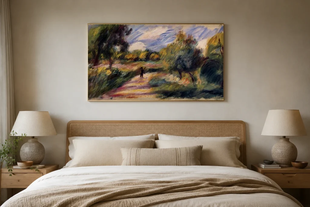Framed print of Landscape with a Silhouette on a Path hanging on a wall in a furnished room