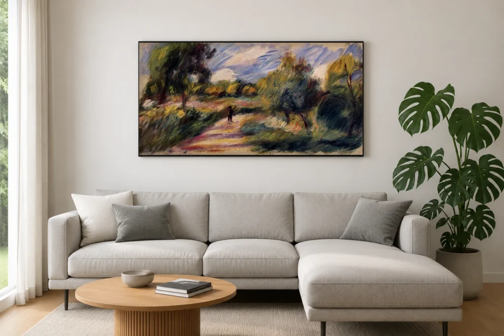 Framed print of Landscape with a Silhouette on a Path hanging on a wall in a furnished room