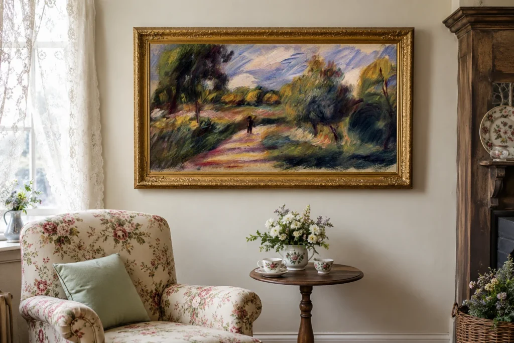 Framed print of Landscape with a Silhouette on a Path hanging on a wall in a furnished room