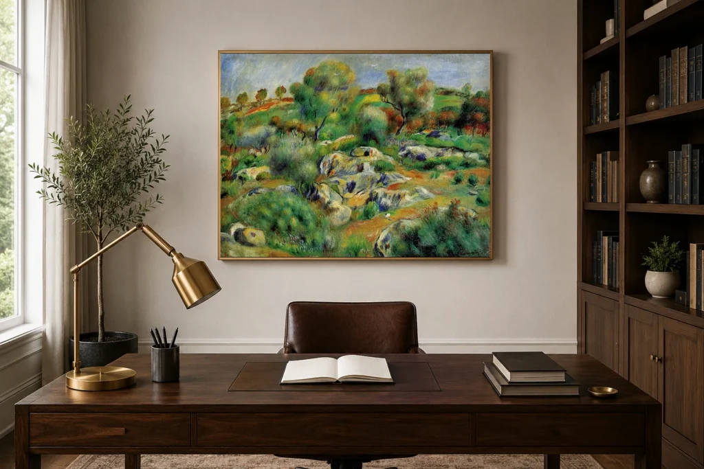 Framed print of Breton Landscape hanging on a wall in a furnished room