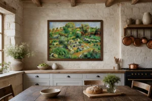 Framed print of Breton Landscape hanging on a wall in a furnished room