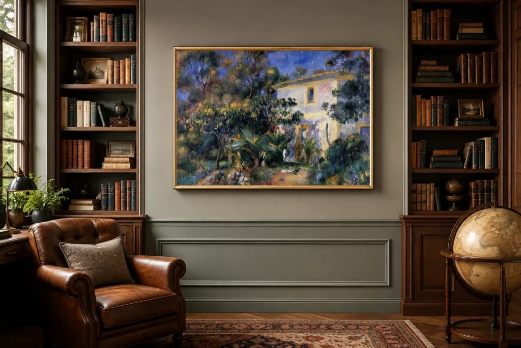 Framed print of Landscape of Algiers hanging on a wall in a furnished room