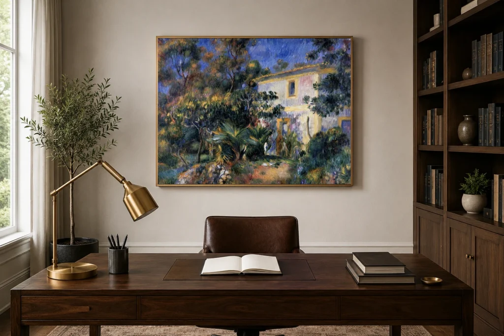 Framed print of Landscape of Algiers hanging on a wall in a furnished room
