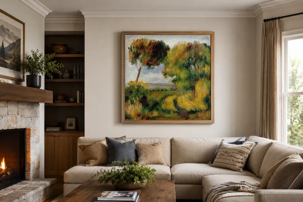 Framed print of Landscape of Brittany, Trees and Moor hanging on a wall in a furnished room