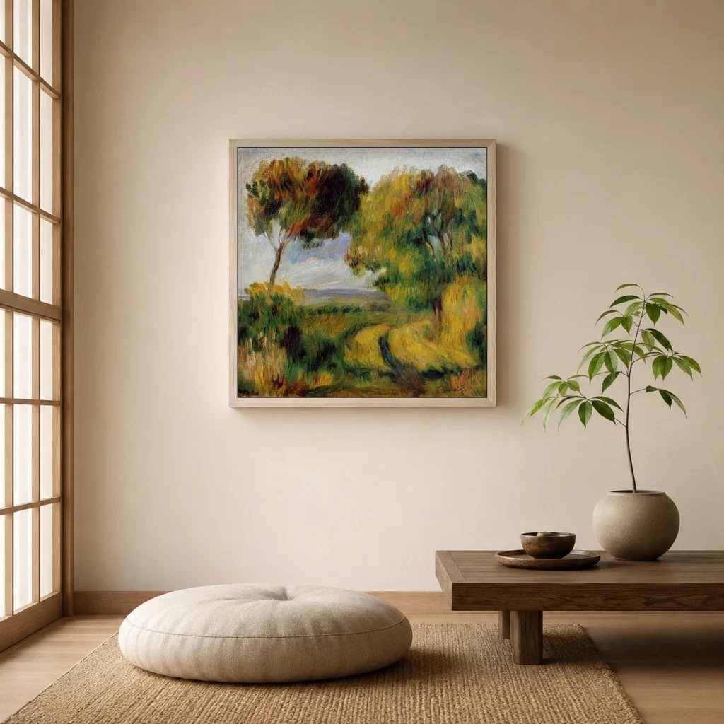 Framed print of Landscape of Brittany, Trees and Moor hanging on a wall in a furnished room
