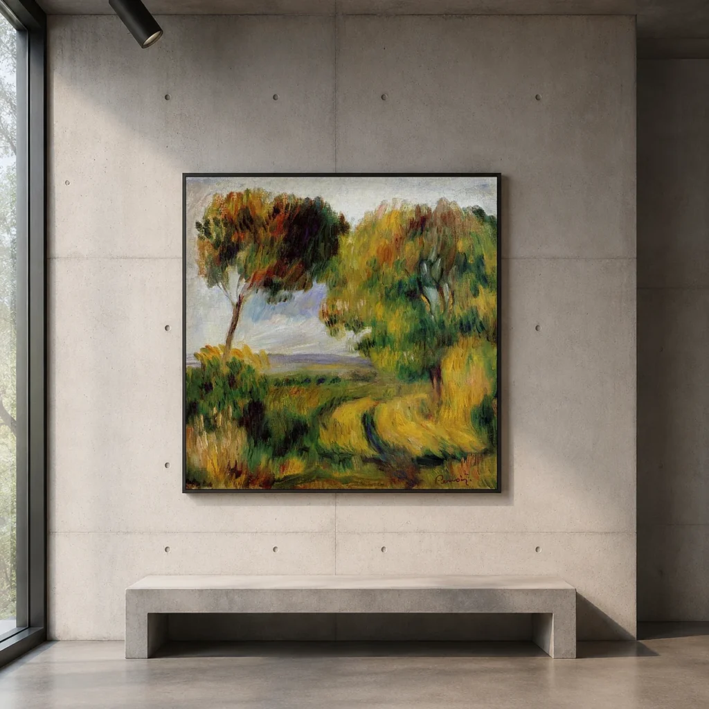 Framed print of Landscape of Brittany, Trees and Moor hanging on a wall in a furnished room