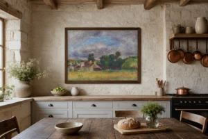 Framed print of Landscape of Brittany, Overcast Sky hanging on a wall in a furnished room