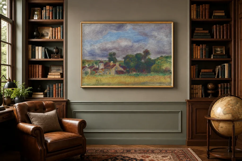Framed print of Landscape of Brittany, Overcast Sky hanging on a wall in a furnished room