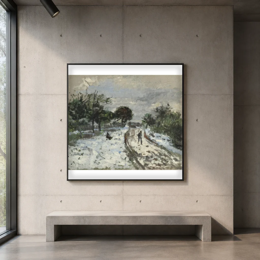 Framed print of Snowy Landscape hanging on a wall in a furnished room