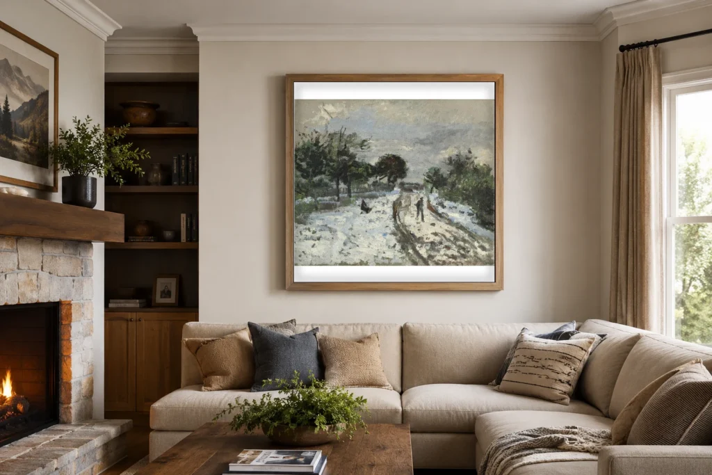 Framed print of Snowy Landscape hanging on a wall in a furnished room