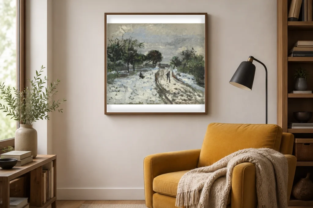 Framed print of Snowy Landscape hanging on a wall in a furnished room