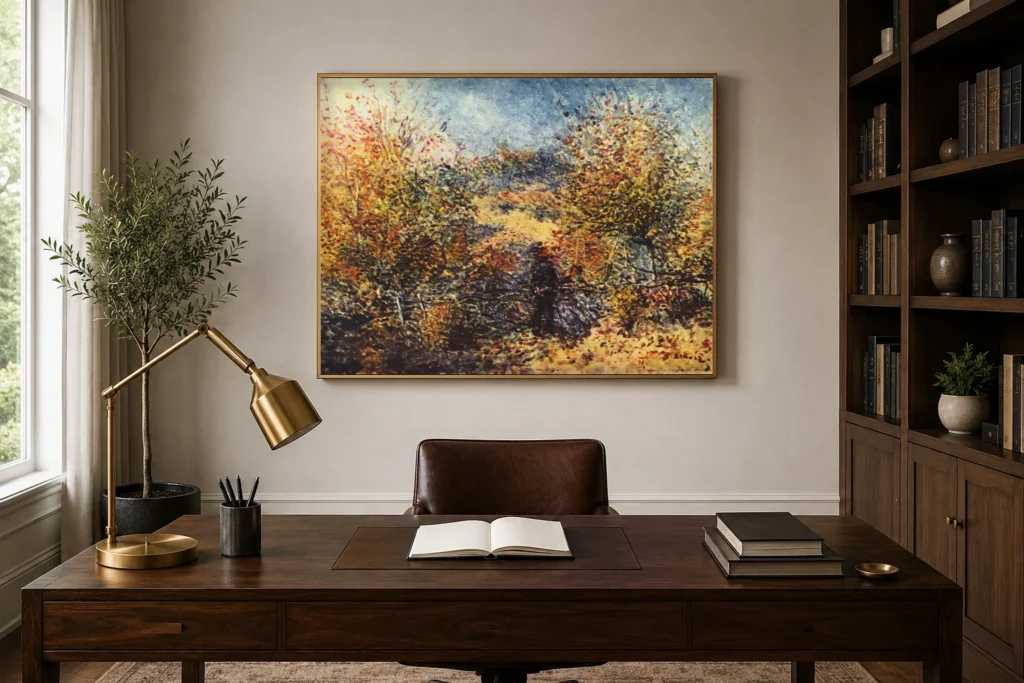 Framed print of Spring Landscape hanging on a wall in a furnished room