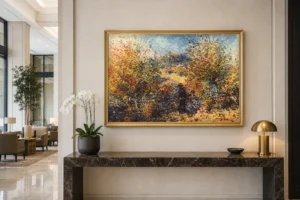 Framed print of Spring Landscape hanging on a wall in a furnished room