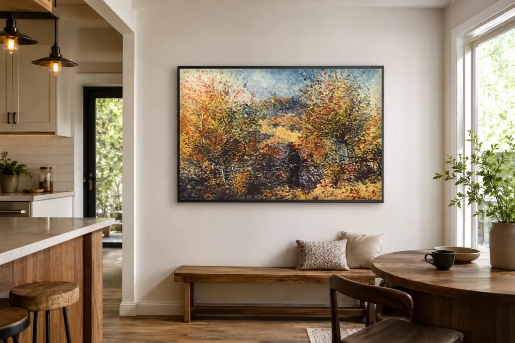 Framed print of Spring Landscape hanging on a wall in a furnished room