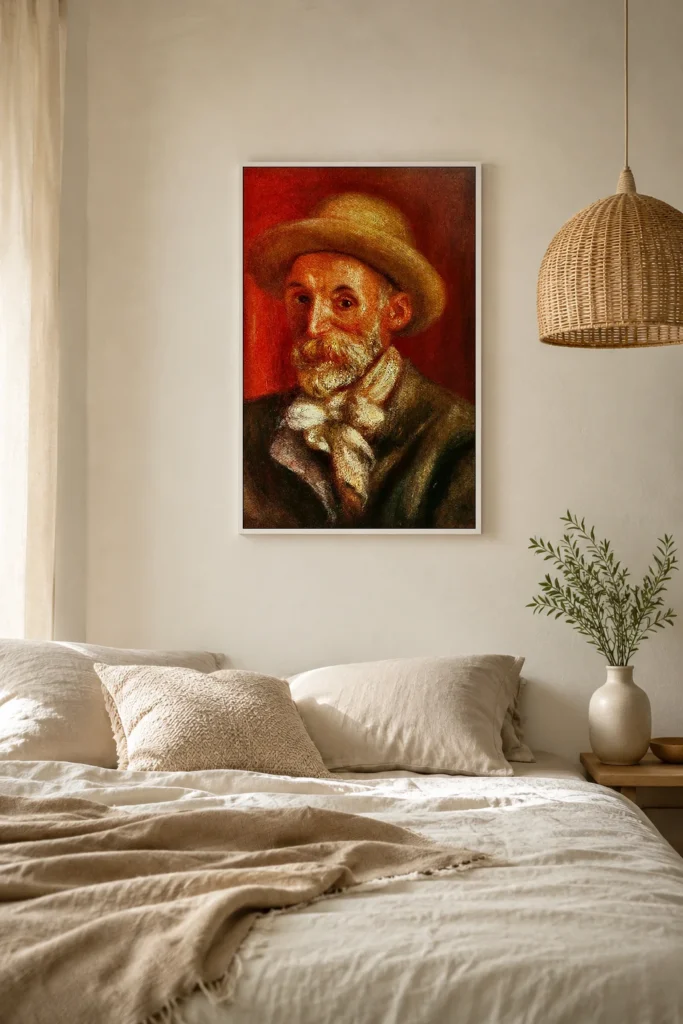 Framed print of Self-Portrait hanging on a wall in a furnished room