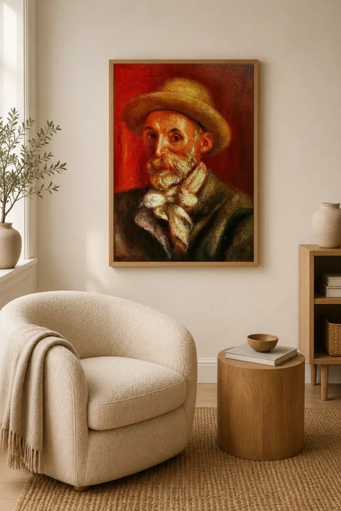 Framed print of Self-Portrait hanging on a wall in a furnished room