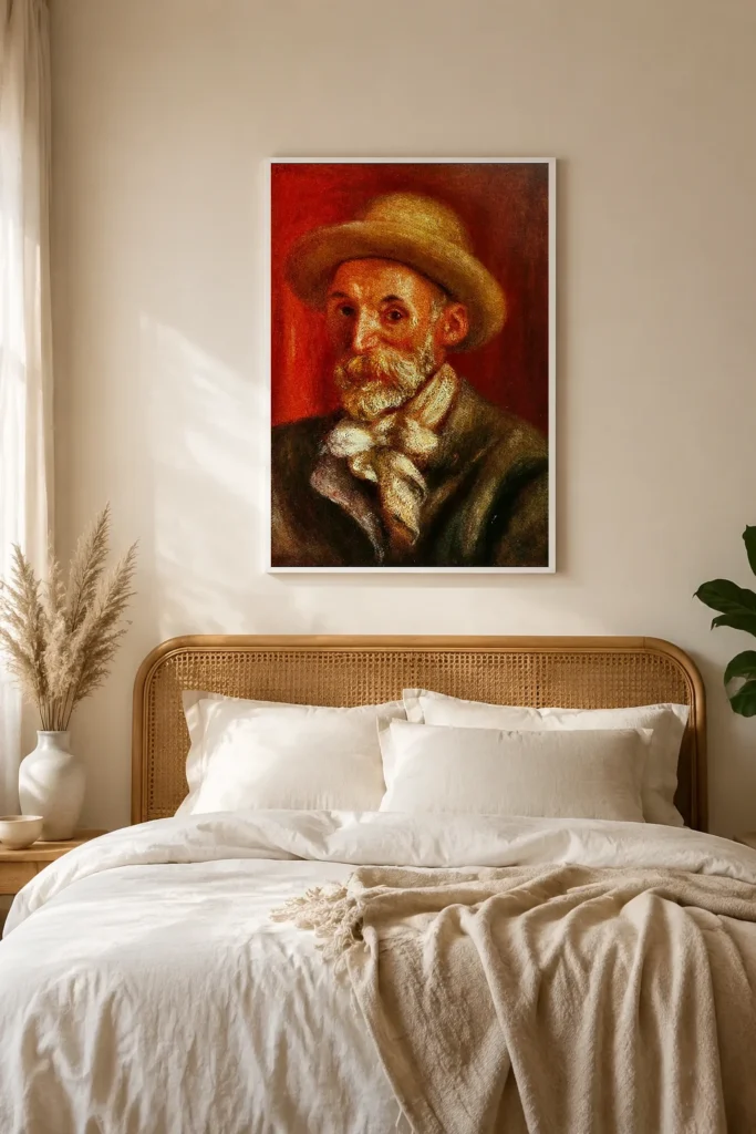 Framed print of Self-Portrait hanging on a wall in a furnished room