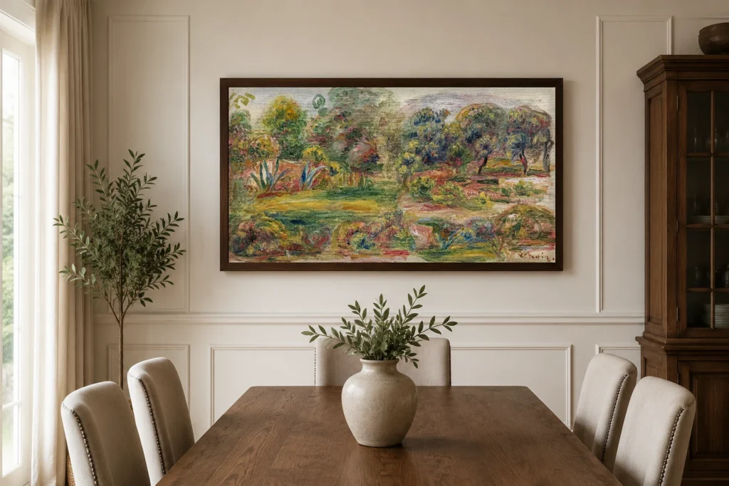 Framed print of Landscape of the South of France hanging on a wall in a furnished room
