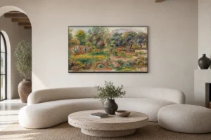 Framed print of Landscape of the South of France hanging on a wall in a furnished room