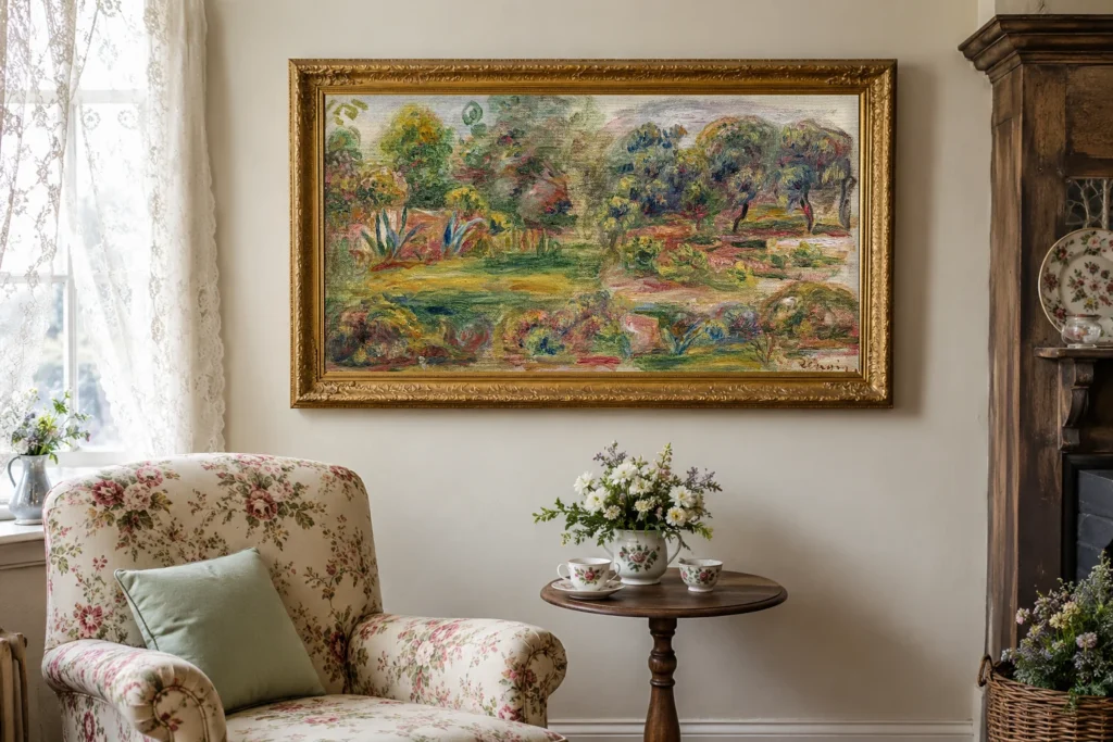 Framed print of Landscape of the South of France hanging on a wall in a furnished room