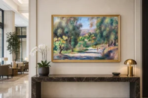 Framed print of Landscape of Southern France hanging on a wall in a furnished room