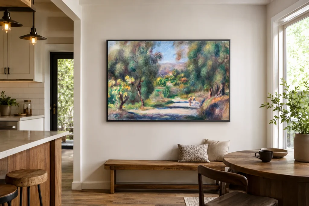 Framed print of Landscape of Southern France hanging on a wall in a furnished room