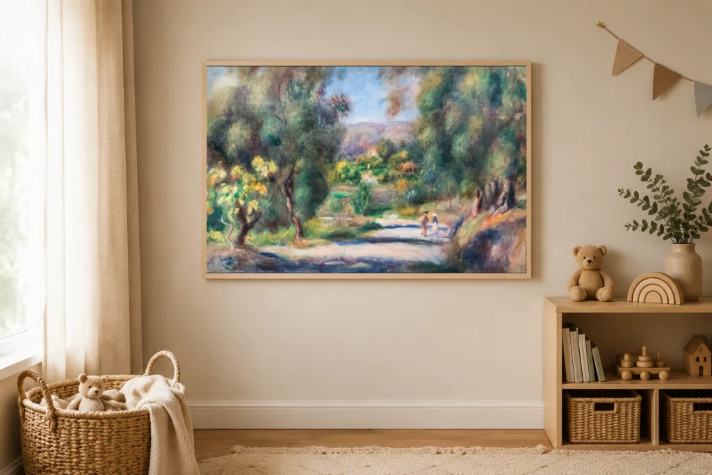 Framed print of Landscape of Southern France hanging on a wall in a furnished room