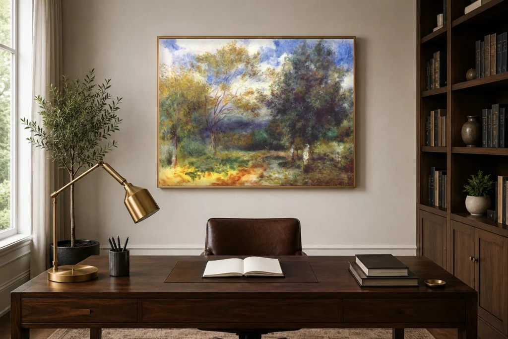 Framed print of Sunlit Landscape hanging on a wall in a furnished room