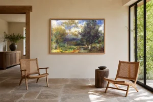 Framed print of Sunlit Landscape hanging on a wall in a furnished room