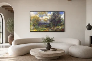 Framed print of Sunlit Landscape hanging on a wall in a furnished room