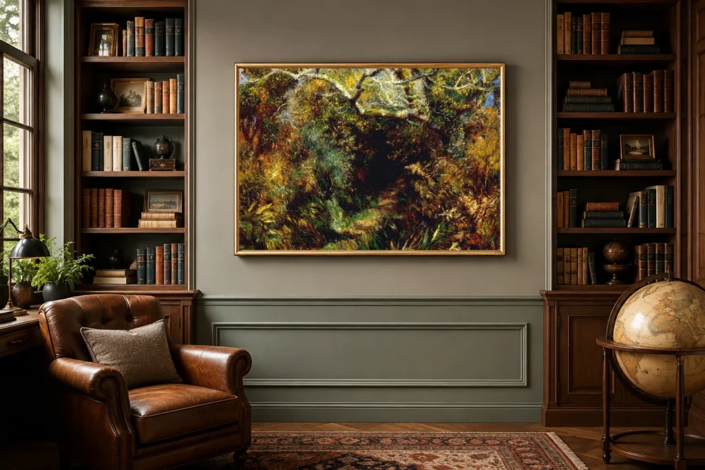 Framed print of Mediterranean Landscape hanging on a wall in a furnished room