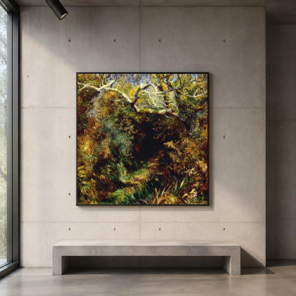 Framed print of Mediterranean Landscape hanging on a wall in a furnished room