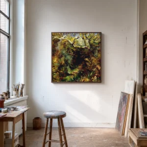 Framed print of Mediterranean Landscape hanging on a wall in a furnished room