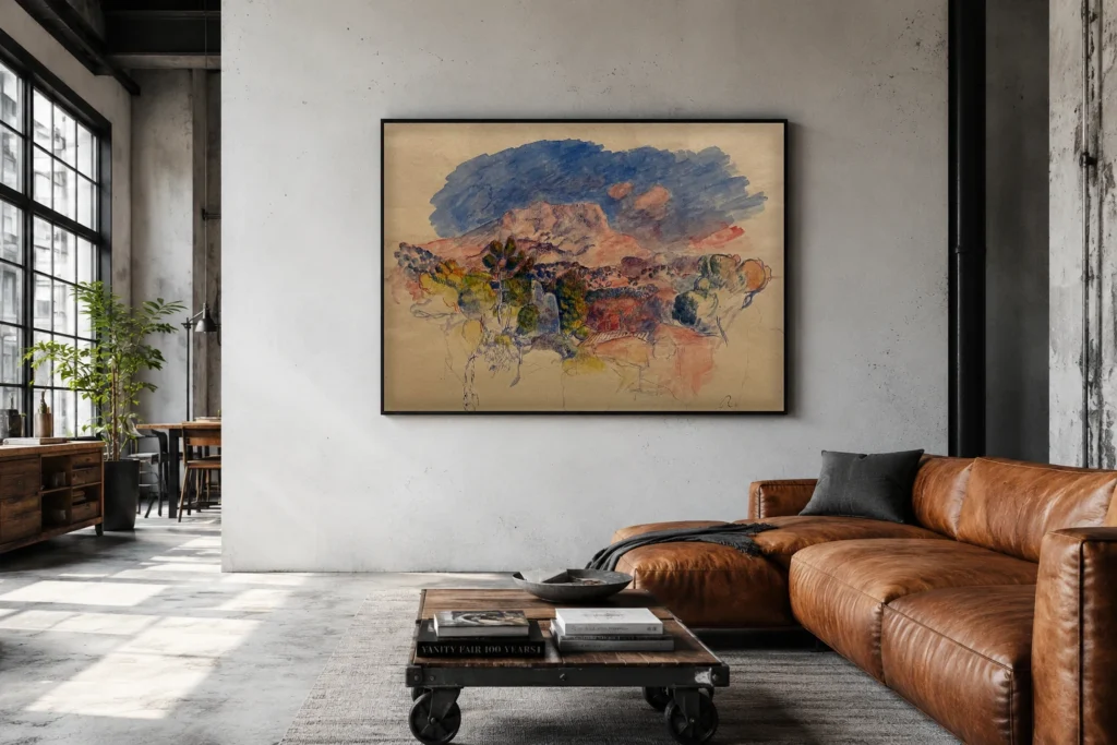 Framed print of Provencal Landscape (Mont Sainte-Victoire) hanging on a wall in a furnished room