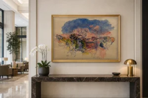 Framed print of Provencal Landscape (Mont Sainte-Victoire) hanging on a wall in a furnished room