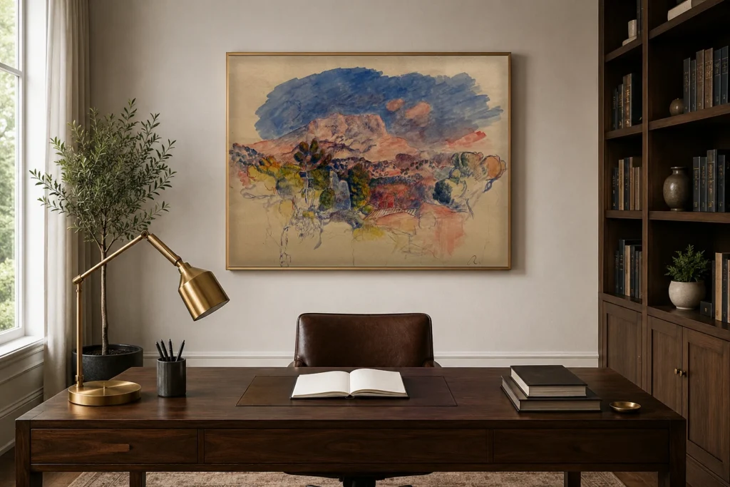 Framed print of Provencal Landscape (Mont Sainte-Victoire) hanging on a wall in a furnished room