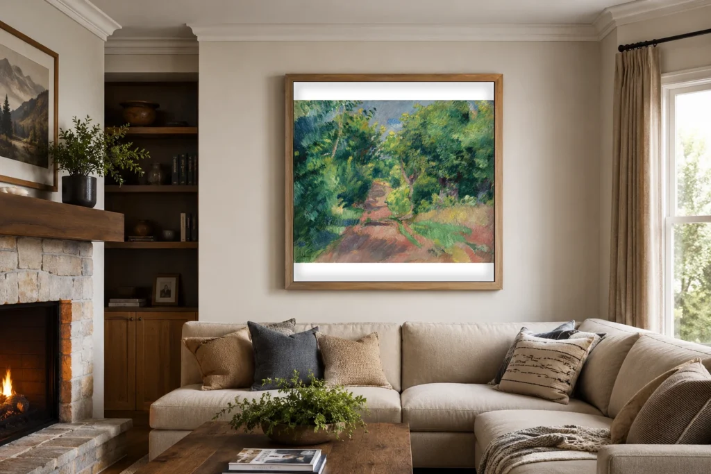 Framed print of Landscape near Varengeville hanging on a wall in a furnished room