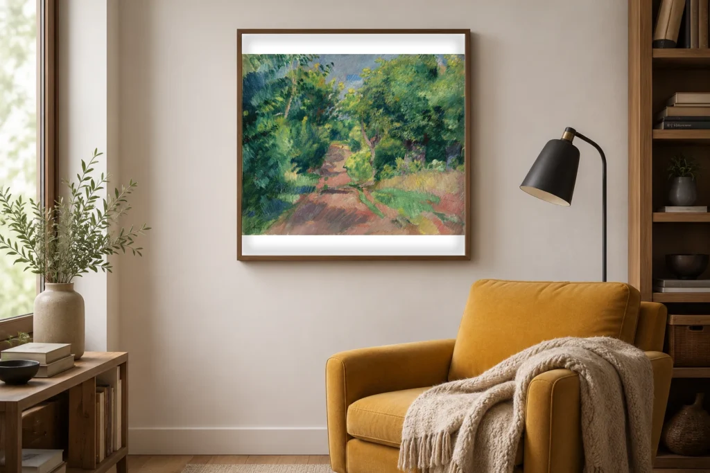 Framed print of Landscape near Varengeville hanging on a wall in a furnished room