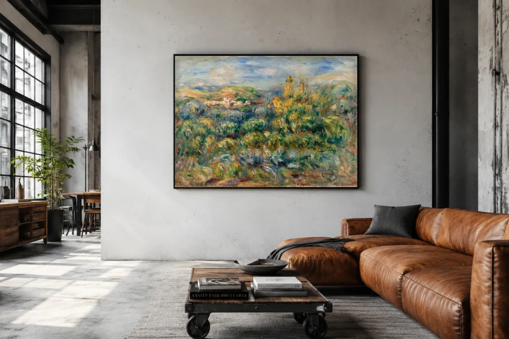 Framed print of Landscape at Cagnes hanging on a wall in a furnished room
