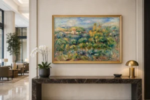Framed print of Landscape at Cagnes hanging on a wall in a furnished room