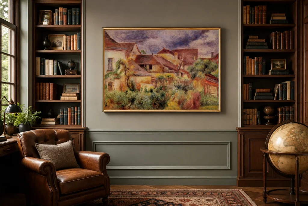 Framed print of Landscape at Essoyes hanging on a wall in a furnished room
