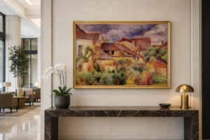 Framed print of Landscape at Essoyes hanging on a wall in a furnished room