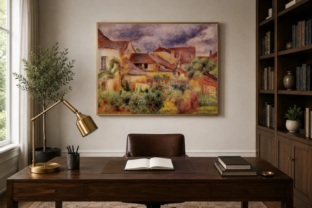 Framed print of Landscape at Essoyes hanging on a wall in a furnished room