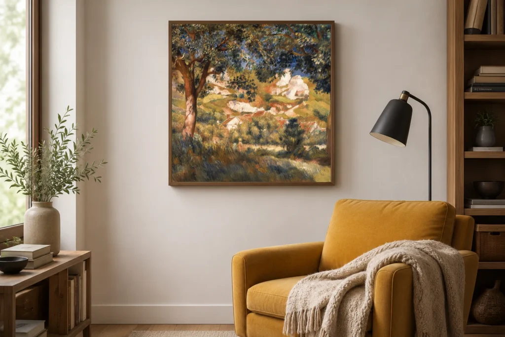 Framed print of Paysage à La Roche-Guyon hanging on a wall in a furnished room