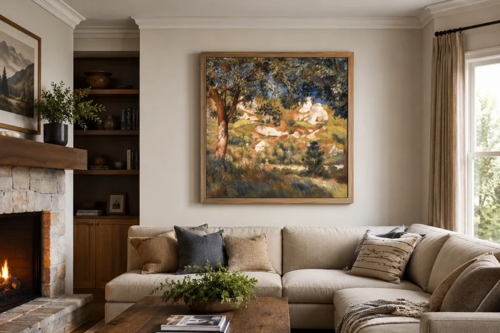 Framed print of Paysage à La Roche-Guyon hanging on a wall in a furnished room