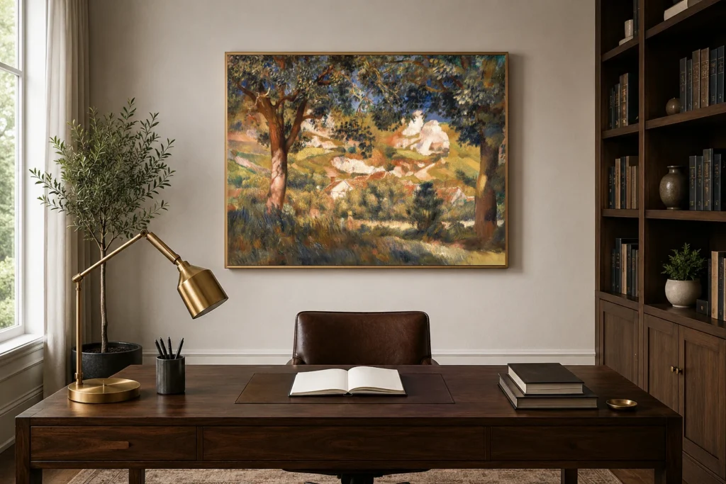 Framed print of Paysage à La Roche-Guyon hanging on a wall in a furnished room