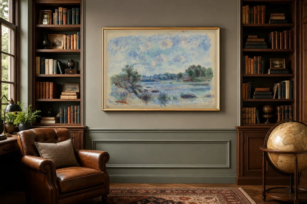 Framed print of Landscape at Pont-Aven hanging on a wall in a furnished room