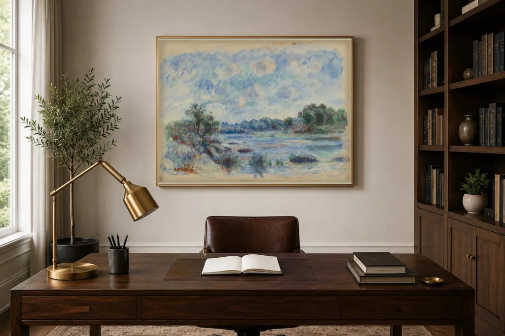 Framed print of Landscape at Pont-Aven hanging on a wall in a furnished room