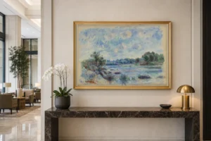Framed print of Landscape at Pont-Aven hanging on a wall in a furnished room